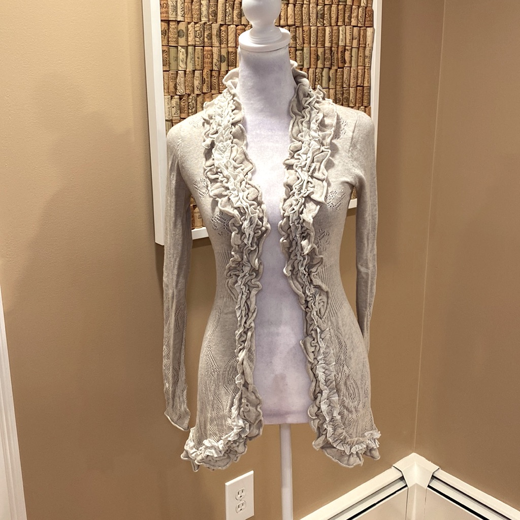 Guinevere Pale Gray Cotton Open Knit Ruffled Cardigan